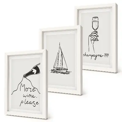 Set van ingelijste schilderijen met wijn, zeilboot en champagneglas in lineaire stijl