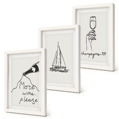 Set van ingelijste schilderijen Wijn zeilboot champagneglas lineaire stijl