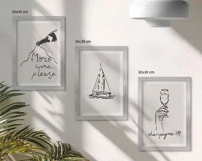 Set van ingelijste schilderijen met wijn, zeilboot en champagneglas in lineaire stijl