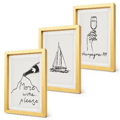 Set van ingelijste schilderijen met wijn, zeilboot en champagneglas in lineaire stijl