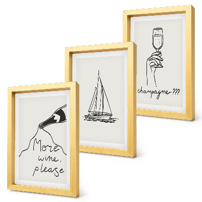Set van ingelijste schilderijen Wijn zeilboot champagneglas lineaire stijl