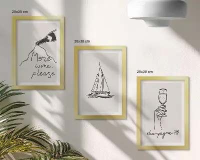 Set van ingelijste schilderijen met wijn, zeilboot en champagneglas in lineaire stijl