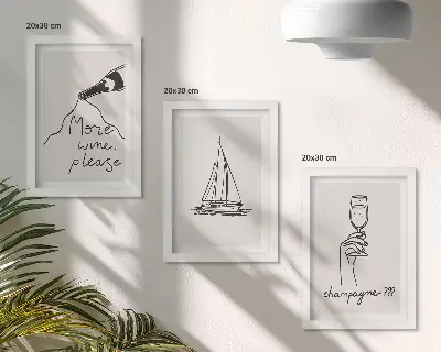 Set van ingelijste schilderijen met wijn, zeilboot en champagneglas in lineaire stijl