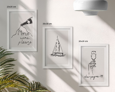 Set van ingelijste schilderijen Wijn zeilboot champagneglas lineaire stijl