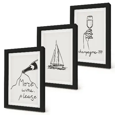 Set van ingelijste schilderijen met wijn, zeilboot en champagneglas in lineaire stijl