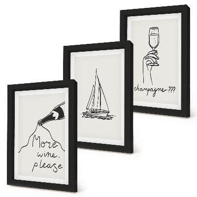 Set van ingelijste schilderijen Wijn zeilboot champagneglas lineaire stijl