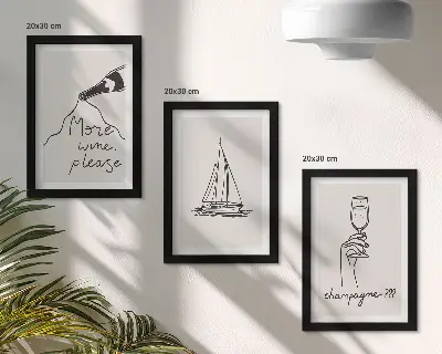 Set van ingelijste schilderijen met wijn, zeilboot en champagneglas in lineaire stijl