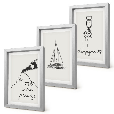 Set van ingelijste schilderijen Wijn zeilboot champagneglas lineaire stijl