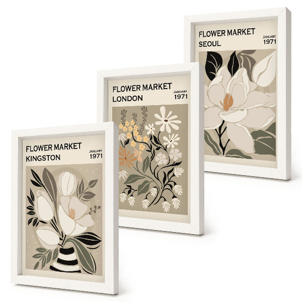 Set van ingelijste schilderijen Retro bloemen uit verschillende steden over de hele wereld