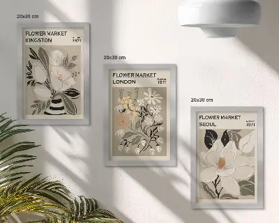 Set ingelijste schilderijen met retro bloemen uit wereldsteden