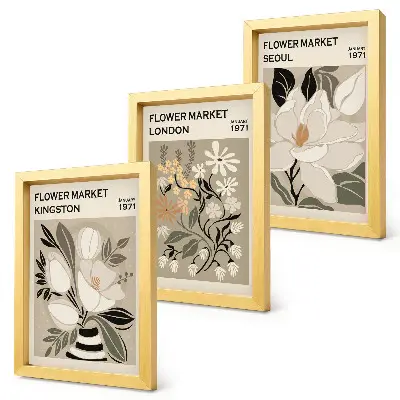 Set ingelijste schilderijen met retro bloemen uit wereldsteden