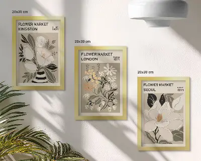 Set ingelijste schilderijen met retro bloemen uit wereldsteden