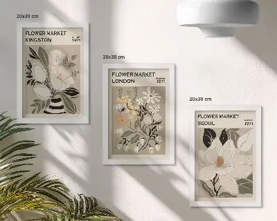 Set ingelijste schilderijen met retro bloemen uit wereldsteden