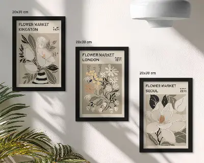 Set ingelijste schilderijen met retro bloemen uit wereldsteden