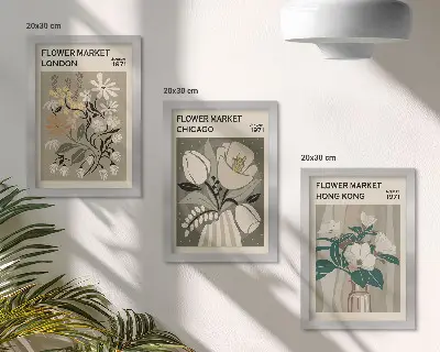 Set ingelijste schilderijen met bloemenmarkten in Londen, Chicago en Hongkong