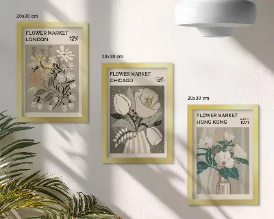 Set ingelijste schilderijen met bloemenmarkten in Londen, Chicago en Hongkong