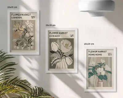 Set ingelijste schilderijen met bloemenmarkten in Londen, Chicago en Hongkong