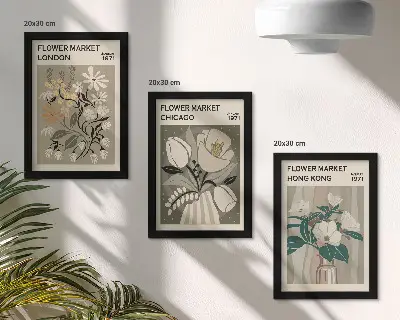 Set ingelijste schilderijen met bloemenmarkten in Londen, Chicago en Hongkong
