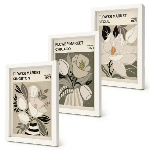 Gallery wall met bloemen van de markten in Kingston, Chicago en Seoul in retrostijl
