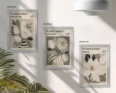 Gallery wall met bloemen van de markten in Kingston, Chicago en Seoul in retrostijl
