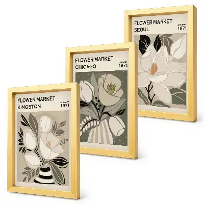 Gallery wall met bloemen van de markten in Kingston, Chicago en Seoul in retrostijl