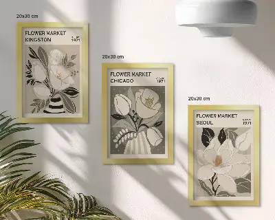 Gallery wall met bloemen van de markten in Kingston, Chicago en Seoul in retrostijl