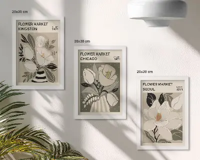 Gallery wall met bloemen van de markten in Kingston, Chicago en Seoul in retrostijl