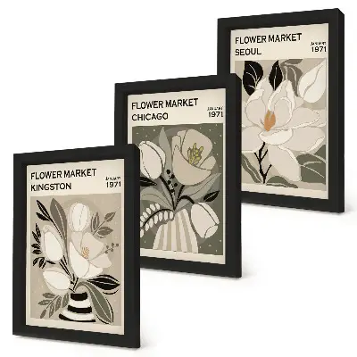 Gallery wall met bloemen van de markten in Kingston, Chicago en Seoul in retrostijl