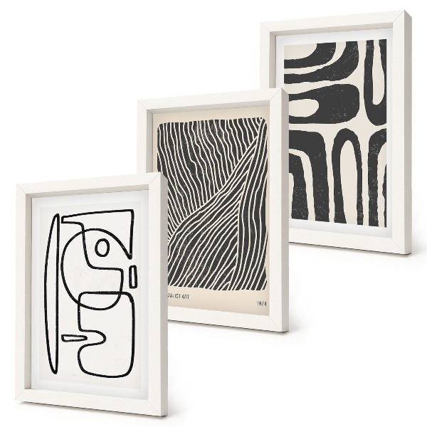 Set van ingelijste schilderijen Abstracte patronen met lijnen en texturen op een lichte achtergrond.
