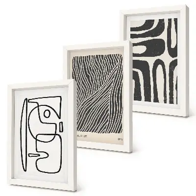 Set ingelijste schilderijen met abstracte patronen van lijnen en texturen op een lichte achtergrond