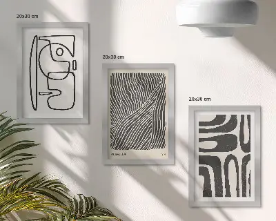 Set ingelijste schilderijen met abstracte patronen van lijnen en texturen op een lichte achtergrond
