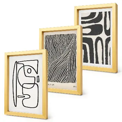 Set ingelijste schilderijen met abstracte patronen van lijnen en texturen op een lichte achtergrond