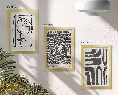 Set ingelijste schilderijen met abstracte patronen van lijnen en texturen op een lichte achtergrond