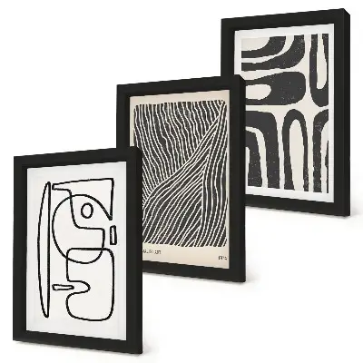 Set ingelijste schilderijen met abstracte patronen van lijnen en texturen op een lichte achtergrond