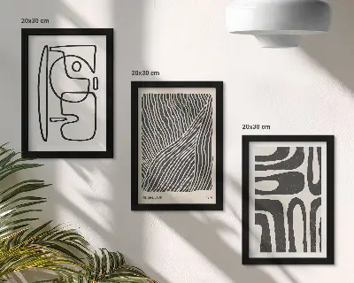 Set ingelijste schilderijen met abstracte patronen van lijnen en texturen op een lichte achtergrond
