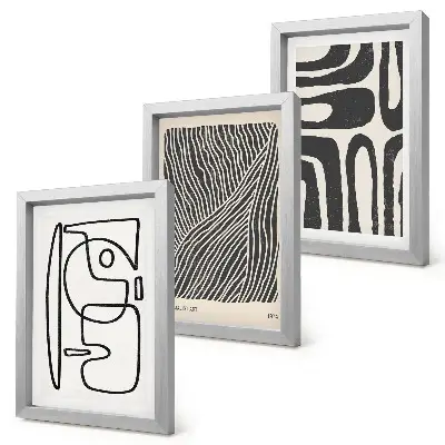 Set ingelijste schilderijen met abstracte patronen van lijnen en texturen op een lichte achtergrond