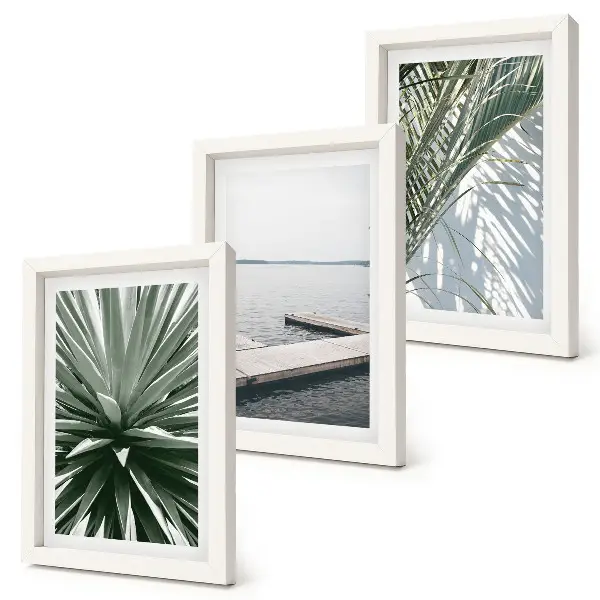 Set ingelijste schilderijen met palmbladeren en houten brug