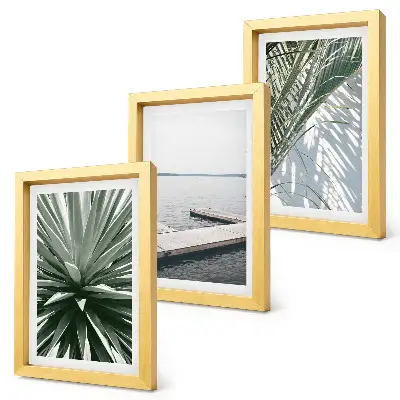 Set ingelijste schilderijen met palmbladeren en houten brug