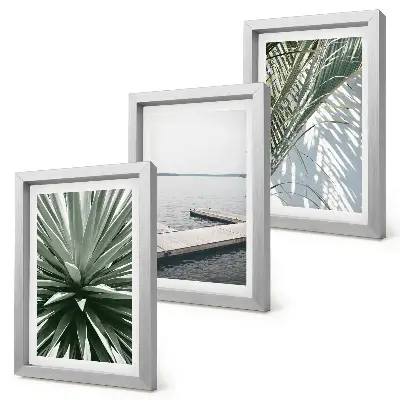 Set ingelijste schilderijen met palmbladeren en houten brug