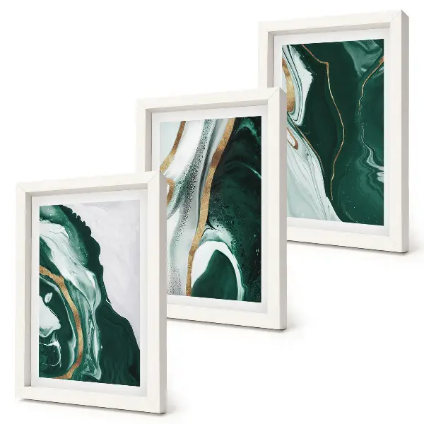 Set van ingelijste schilderijen met abstracte verfpatronen in groen en wit