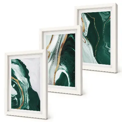 Set van ingelijste schilderijen met abstracte verfpatronen in groen en wit