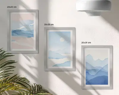 Set ingelijste schilderijen met blauwe en roze berglandschappen in aquarel