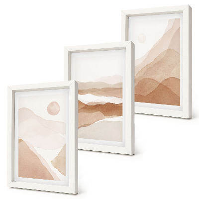 Gallery wall Abstracte landschappen in bruine en beigetinten.
