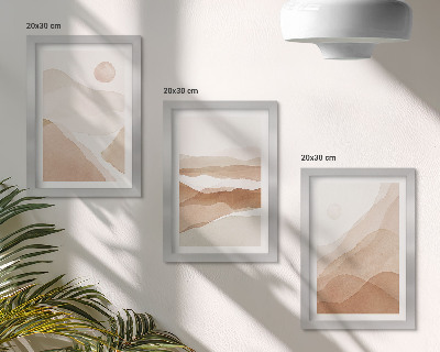Gallery wall Abstracte landschappen in bruine en beigetinten.