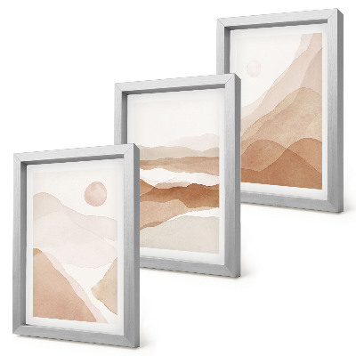Gallery wall Abstracte landschappen in bruine en beigetinten.
