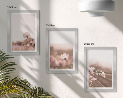 Set van ingelijste schilderijen Wilde bloemen in de weiden in de zomer, romantische landschappen