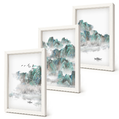 Gallery wall Bergen in de wolken met vogels en een boot op het water japandi