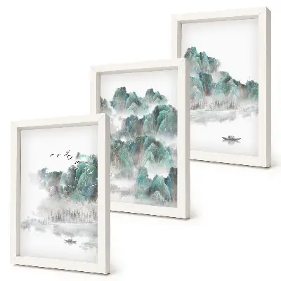 Gallery wall met een Japandi afbeelding van bergen in de wolken met vogels en een boot op het water