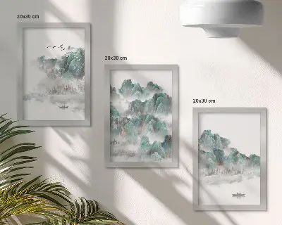 Gallery wall met een Japandi afbeelding van bergen in de wolken met vogels en een boot op het water