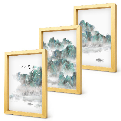 Gallery wall Bergen in de wolken met vogels en een boot op het water japandi